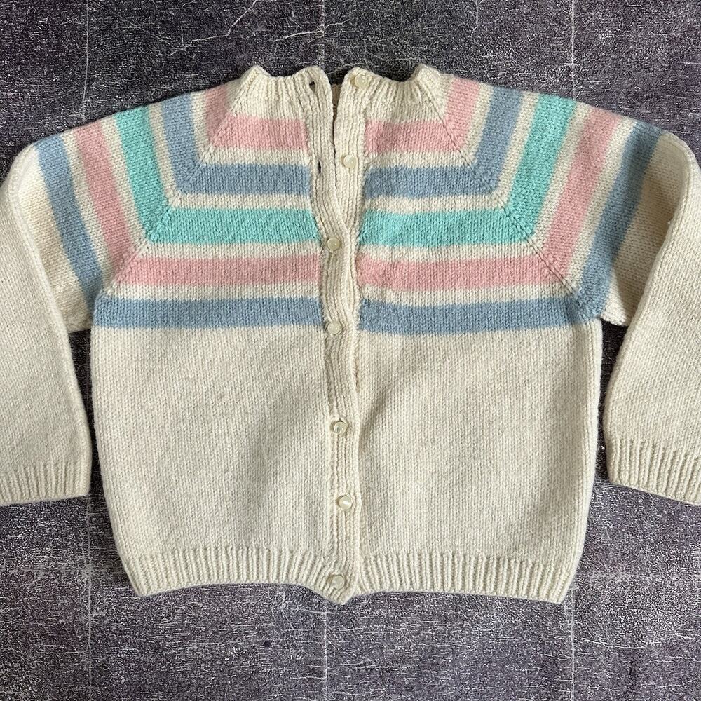 Women's Vintage 60's Pastel Pink Blue Striped Button Up Cardigan Sweater Sz S
